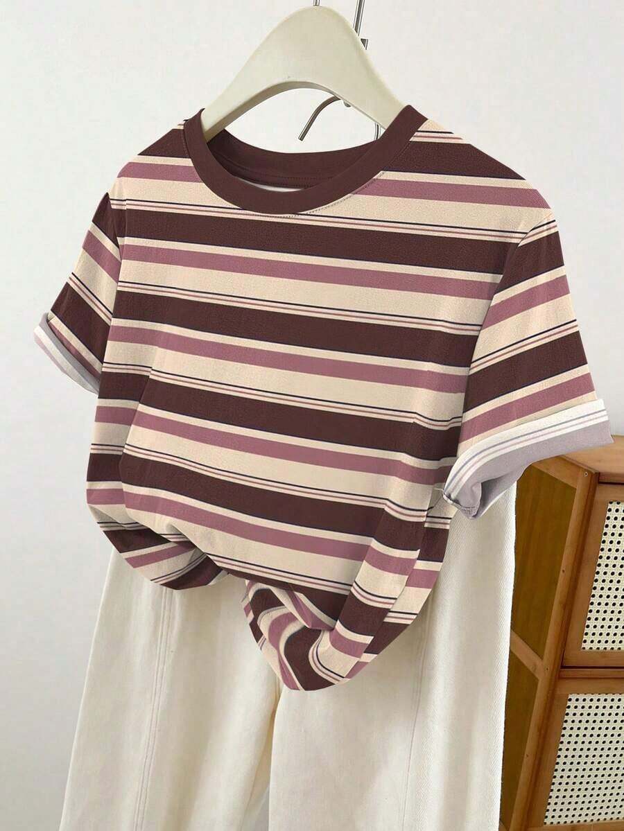 Camiseta de mujer de manga corta con rayas anchas verdes vintage, top casual de cuello redondo para el verano - Multicolor - Ver 1
