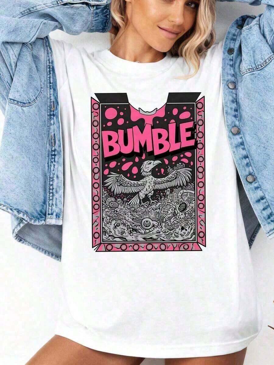 Women's Summer Clothes: Stylish Short-Sleeve Blouse With 'BUNGLE' Graffiti Print And Vibrant Abstract Patterns In Pink And Black, Comfortable And Soft Fabric, Fun Design, Perfect As A Gift For Her. Women's Summer Clothes: Stylish Short-Sleeve Blouse, Loose Fit, Comfortable And Breathable For Everyday Wear. Breathable And Comfortable. - 白色 5 - 查看 1
