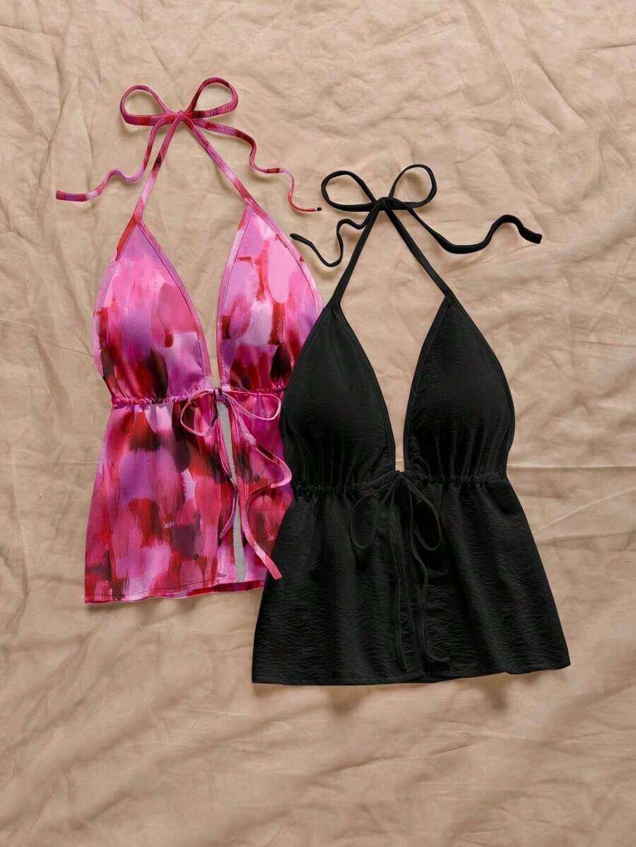 Set de 2 tops de camisola con cuello de halter, uno con estampado abstracto texturizado fucsia elegante y versátil para vacaciones, y otro de color negro sólido, cómodos para primavera/verano - Multicolor - Ver 1