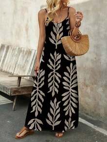 Vestido casual largo de punto elástico para mujer, cómodo y de moda para primavera/verano, vacaciones, adecuado para verano, vacaciones, con estampado vintage de flores, hojas y tropical - Negro - Ver 6