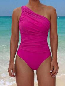 Swim Conjunto de playa de verano para mujer, traje de baño de una pieza de estilo minimalista, apto para el verano - Rosa Fucsia - Ver 5