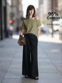 Camiseta de mujer de manga corta y hombro asimétrico, primavera/verano 2026.Camiseta casual urbana elegante con cuello asimétrico, adecuada para oficina, maestros, invitados de boda, vacaciones, casual de negocios, versátil - Verde militar - Ver 10
