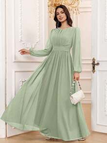 Vestido de dama de honor formal de gasa de manga larga hasta el suelo con corte evasé, color borgoña elegante, vestido de invitada de boda, mangas sin forro, primavera - Celadón - Ver 1