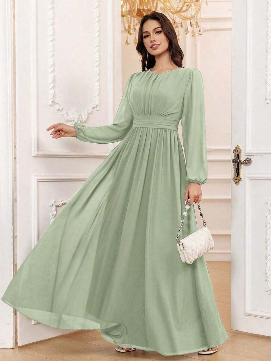 Vestido de dama de honor formal de gasa de manga larga hasta el suelo con corte evasé, color borgoña elegante, vestido de invitada de boda, mangas sin forro, primavera - Celadón - Ver 1