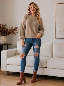 Women's Blouse Puff Sleeve Thick Round Neck Winter Knit - Sand - View 1