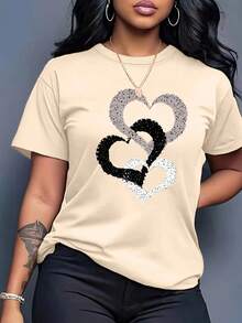 Camiseta de Verano para Mujer con Estampado de Corazones, Cuello Redondo y Manga Corta, Estilo Deportivo y Moderno para Todas las Temporadas - Albaricoque - Ver 10