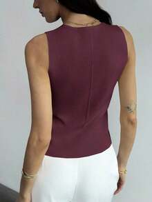 elegante de mujer de unicolor con cuello en V sin mangas, decorado con botones metálicos, para verano, vacaciones en la playa, estilo boho tropical, tops de verano minimalistas, casuales de oficina, de salida elegante, para la escuela en ot - Burdeos - Ver 2
