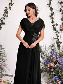 Vestido con flores 3D bordadas para novia, madre de la novia, moda de primavera y verano para fiesta, cita, vacaciones, boda, celebridad, con cintura elegante y falda amplia, para el Día de San Valentín - Negro - Ver 6