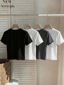 Set de 4 camisetas cortas de manga corta, cuello redondo, ajustadas y con bordados de unicolor para mujer, aptas para uso diario - Multicolor 3 - Ver 2