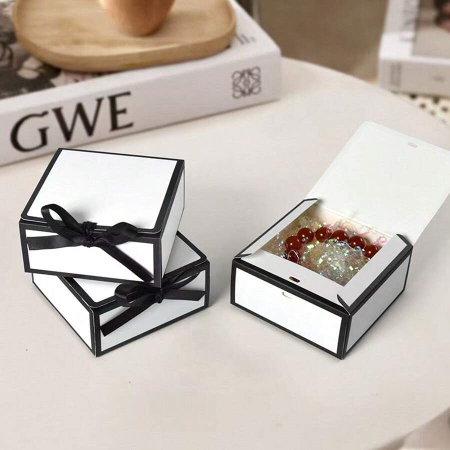 10 hộp quà vuông viền đen trắng tối giản kèm nơ, hộp đựng trang sức/quà cưới/quà sinh nhật sang trọng có ruy băng. - Xem 1
