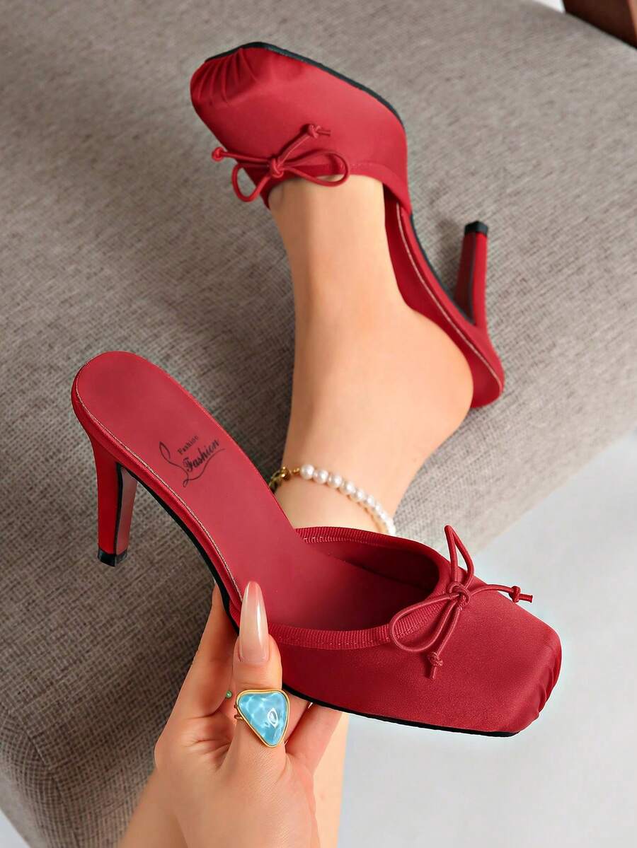 Giày sandal cao gót kiểu Pháp thắt nơ quai mảnh, đế đỏ, mẫu mới mùa xuân sớm dành cho nữ. - Đỏ - Xem 1