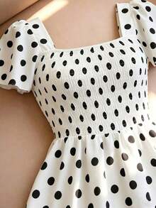 Vestido corto de verano para mujer con cuello cuadrado, mangas acampanadas y volantes en el bajo - Blanco - Ver 4
