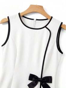 Vestido de línea A con cintura ceñida y decoración de lazo en unicolor para mujer, adecuado para la escuela, picnics de fin de semana, salidas casuales con amigos, de estilo fresco y dulce - Blanco y Negro 3 - Ver 5
