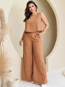 Women's Tailored Premium Linen Set, High-Waisted Wide-Leg Pants, 2-In-1 Linen, Summer - 駝色 - 查看 3