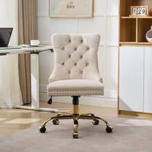 Home Office Chair, Modern Velvet Upholstered Office Chair With Button Tufting And Gold Metal Base, Adjustable Swivel Desk Chair (Black), DE1923BK - 米色 - 查看 2
