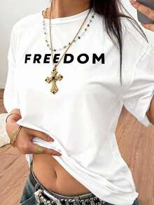 Nueva Camiseta de Moda para Mujer con Cuello Redondo, Edición Limitada. Nuevo estilo de verano para mujer, estampado sencillo con eslogan, camiseta de manga corta de cuello redondo, corte holgado, informal, para vacaciones, top moderno para el día a día, adecuada para uso diario y vacaciones. Camiseta de mujer. Algodón ligero. Diseño versátil, para el verano. - Blanco - Ver 3