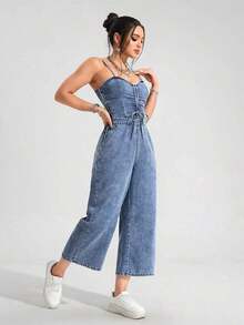 Unity Mono vaquero casual con pierna ancha y cordón delantero para mujer - Azul lavado medio - Ver 6