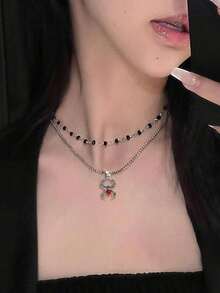 Dây chuyền hình nhện hai lớp đính đá đen phong cách Gothic cổ điển, vòng cổ choker nhiều lớp tối giản thanh lịch dành cho nữ, sản phẩm mới về. - Bạc - Xem 2