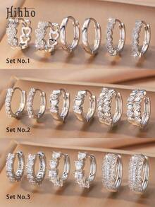 Hihho Set de 6 piezas de aretes de lujo, con diseños de corazón, cadena de diamante de imitación, patchwork geométrico, silueta minimalista con detalles brillantes, versátil para ir al trabajo, ocasiones sociales ligeras y el trayecto - Plateado - Ver 8