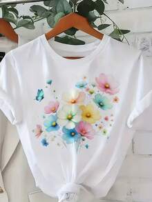 Youthful Casual Graphic T-Shirt - Plus Size Women's T-Shirt In Soft Pastel Colors - Lightweight And Breathable, Short Sleeve And Round Neck With  Floral Print, Suitable For Wearing In Spring, Summer And Autumn. - 白色 - 查看 6