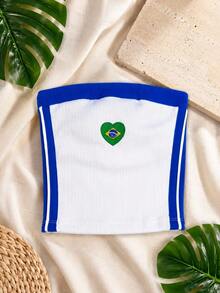 Cropped Brazil Bandeau Top For Women | Ribbed Strapless Top | Brazil Flag Top | Outfit For The São João Festival At The World Cup - 白色 - 查看 2