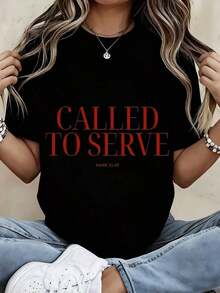Women's Fashion T-Shirt With "Called To Serve Mark 10:45" Print, Christian Bible Verse, Casual Loose Fit For Everyday Wear And Church Attire, Suitable As A Gift. Women's T-Shirt. Elegant Blouses. Boho Chic. Soft, Breathable, And Comfortable Women's Top, Ideal For Spring, Summer, And Fall, Perfect For Vacations, Travel, And Everyday Wear. - 黑色 - 查看 7