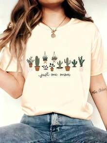 Estampado de plantas de cactus y macetas, camisetas de moda europea y americana, ambiente alegre, manga corta con cuello redondo de dibujos animados casuales, estilo Y elegante - Reuniones familiares y fiestas - Ropa de mujer a la moda [Consigue la sudadera de estilo minimalista de hoy] - color - Ver 5