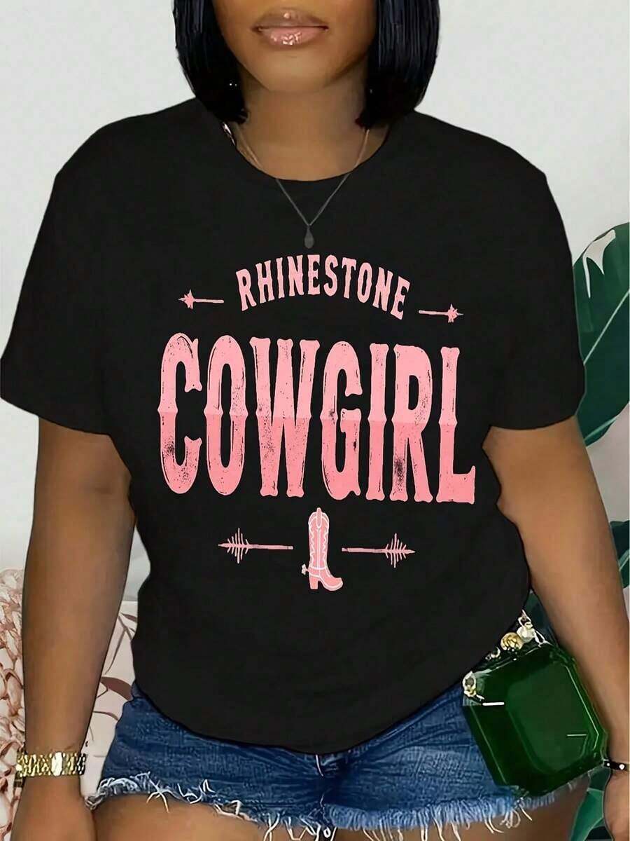 Women's T-Shirt % Cotton COWGIRL - Vintage Graphic Print T-Shirt - Black With Pink Western Print, Short Sleeve, Round Neck, Casual Style, Medium Elasticity, Machine Washable, All Season T-Shirt, Summer Fashion, Cowboy Style. - 黑色 - 查看 1