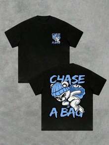 Men's Casual T-Shirt With Cartoon Bear Print In Streetwear Style, Double-Sided Print, 220g, 100% Cotton, "Chase A Bag" Design. - 黑色 - 查看 12