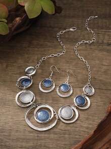 Cring Coco 2Pcs/Set Silvery Plated Blue & White Abstract Layered Necklace & Drop Earrings, Geometric Circular Statement Jewelry For Women,For Daily, Vacation & Party Wear - Round - View 8