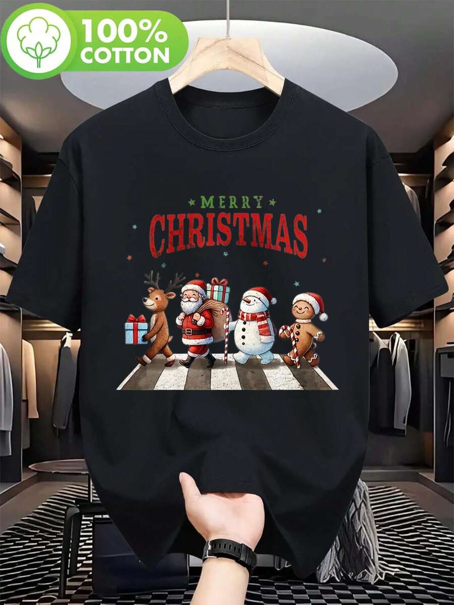 2026Camiseta de Navidad para Hombre de 180 g/m² - Estampado de Santa Claus, Reno, Muñeco de Nieve y Hombre de Jengibre - Cuello Redondo - Diseño Rojo y Festivo - Suave2026 - Negro - Ver 1