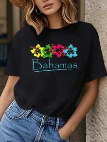Women's Casual T-Shirt With Colorful Palm Tree And Bahamas Design - Short Sleeve Round Neck T-Shirt Ideal For Spring And Summer, Made Of Lightweight And Breathable Material, Perfect For Beach Outings Or Vacations. - 黑色 - 查看 8
