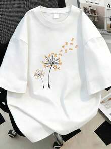Camiseta blanca de manga corta, cuello redondo, casual y holgada con estampado de diente de león, para talla grande, para veranoPure-Cotton - Blanco - Ver 8