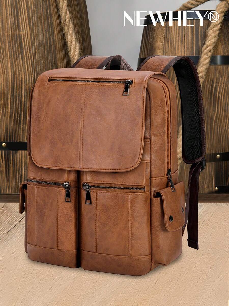 NEWHEY Sac à dos pour ordinateur portable de 15,6 pouces pour hommes et adolescents - Sac d'école en cuir PU de grande capacité avec design à rabat, imperméable et léger, sac à dos d'affaires décontracté à double épaule avec fermeture éclair, convient pour le travail, l'école, les déplacements et les voyages, cadeau pour les hommes - Multicolore - Voir 1