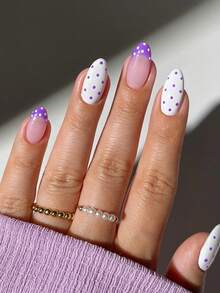 24pcs White Polka Dot Nail Stickers, Short Almond-Shaped Nail Art Set, Includes 1 Adhesive Sticker Sheet And 1 Mini Nail File, Suitable For Daily Wear - Mauve Purple - View 1