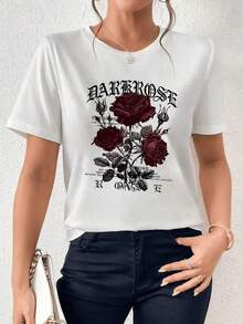 Fashionable Women's T-Shirt, Bouquet Of Dark Roses Symbolizing Inner Strength And Mysterious Beauty Amidst Light And Shadows, 100% Cotton Women's T-Shirt - 白色 - 查看 7