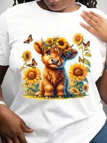 Women's Fun And Classic Graphic T-Shirt With Floral, Animal And Letter Designs, Short Sleeves And Round Neck, Suitable For Summer, Casual, Breathable Fabric For Casual Outfits And Special Occasions, Birthday Gifts, Women's T-Shirts. - 白色 - 查看 6