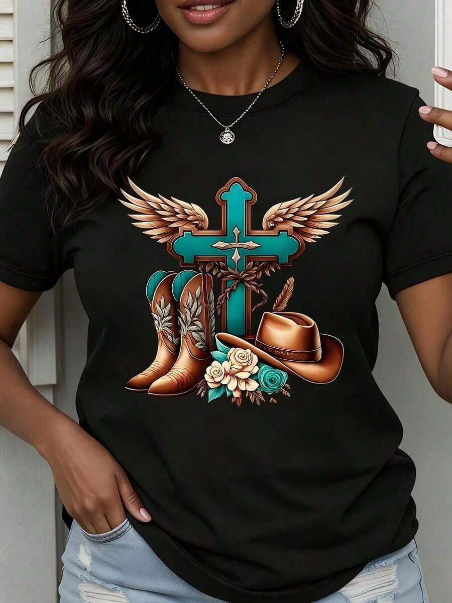 Women's Round Neck T-Shirt With Western Cross Print Featuring Wings, Cowboy Boots, Hat And Flowers, Short Sleeve, Casual Wear For Daily Outings And Country Style Events, Casual Blouses For Ladies. - 黑色 - 查看 1