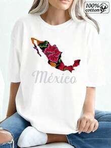 Soft Fashionable Women's T-Shirt | White Front Print Map Of Mexico With Floral Pattern And Text | Comfortable And Casual Dress For Everyday Wear And More | New Summer Women's T-Shirt, Casual And Comfortable Crew Neck Top - 白色的 - 查看 10
