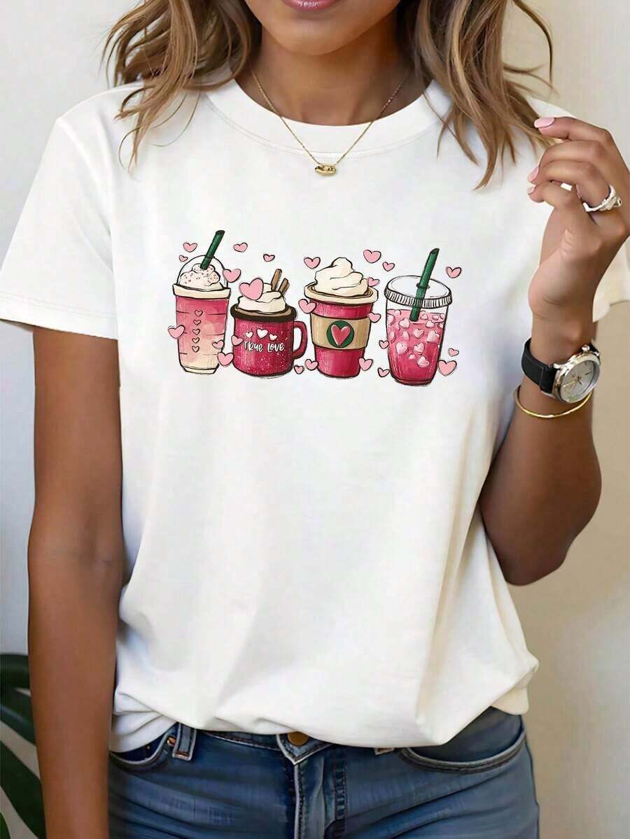Under The RadarValentine'S Day Heart-Themed Drink Cute Pattern Printed Women'S Round Neck Short Sleeve T-Shirt, Perfect For Casual Outings, Holiday Gifts, And Outfits For Friend Gatherings Or Dates-Vintage Street Style Unisex Loose Cotton Short Sleeve Crew Neck T-Shirt - Blanco - Ver 1