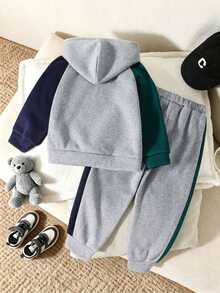 Young Boy Cartoon Print Warm Hoodie And Sweatpants Set - Grey - View 2