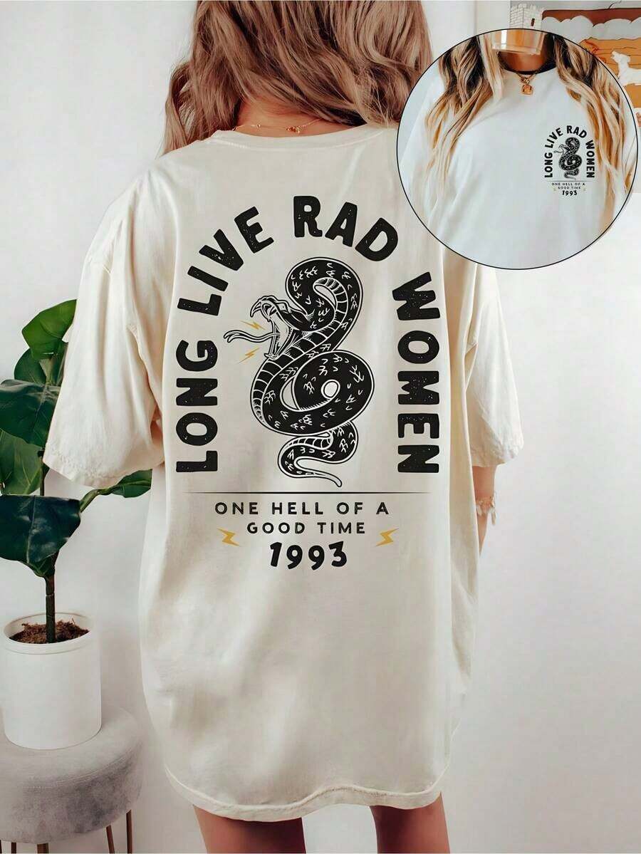 Camiseta Casual de Verano para Mujer con Estampado "Long Live Rad" - Camiseta de Algodón Puro Estilo Urbano, Moderna, Boho, Cómoda y Colorida, Top para Mujeres Empoderadas - Ropa Unisex para Mujeres y Hombres, Ideal para Festivales y Uso Diario - Blanco - Ver 1