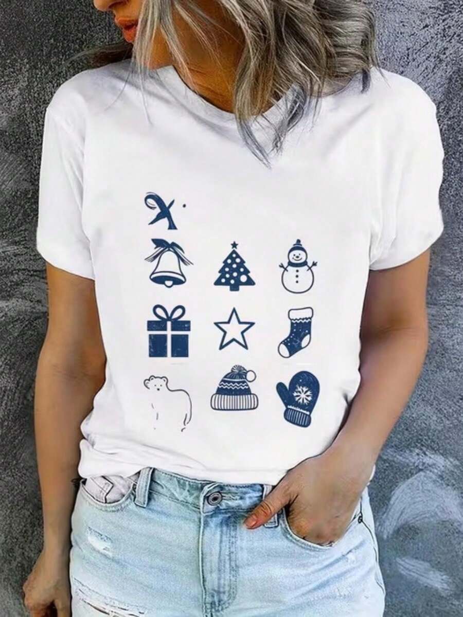 Soft 100% Cotton T-Shirt, Casual Crew Neck T-Shirt, Plus Size Women's T-Shirt, Women's Printed T-Shirt, Printed With Blue Christmas Elements - Fun Print, Machine Washable, Casual And Versatile, Loose And Comfortable, A Perfect Gift For A Good Friend. Breathable Cotton T-Shirt, Goes With Everything. - 白色 - 查看 1