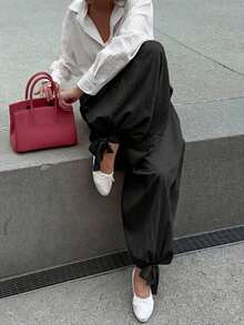 Nuevos pantalones elegantes de moda casual con lazo, plisados y de farol, adecuados para exteriores, viajes, diario, vacaciones, oficina, todo el año, color negro primaveral - Rosa - Ver 9