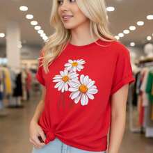 Mexican Art Women's Cotton T-Shirt With Daisy Print, Short Sleeve, Round Neck, Casual Top, Soft And Breathable, Loose Fit For Everyday Wear, Sizes S-5XL Available, Floral Graphic Summer T-Shirt, Comfortable And Fashionable Casual Blouse, Matching Cotton T-Shirt For The Family - 紅色 - 查看 12