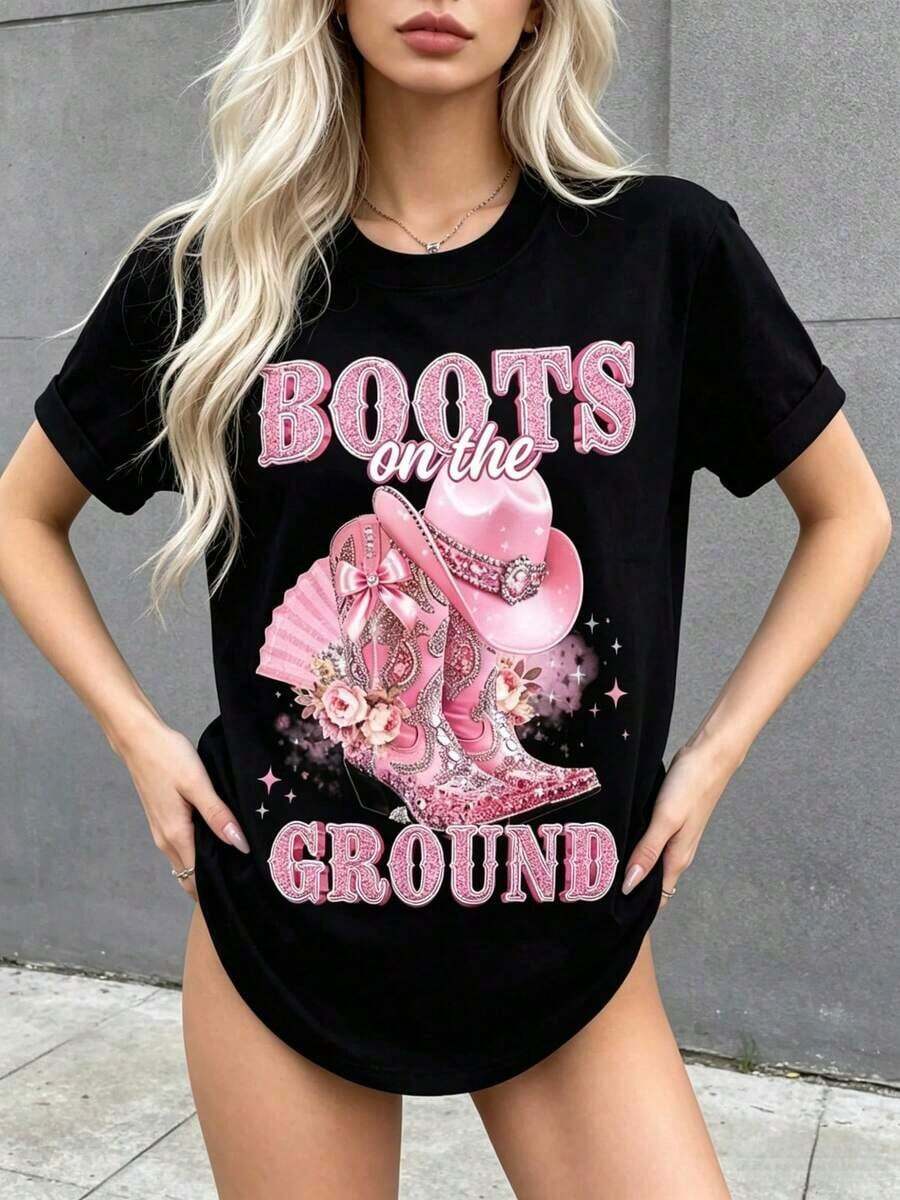 Y2K Women's Graphic Tees - Western Cowboy Style - Shiny Boot Print, Ideal For Country Parties, Rodeos, And Summer Outfits. Oversized Short-Sleeve Cotton T-Shirt, Casual Urban Style, Fashionable Women's Tops, Loose Summer Tees, Everyday Wear. - 黑色 - 查看 1