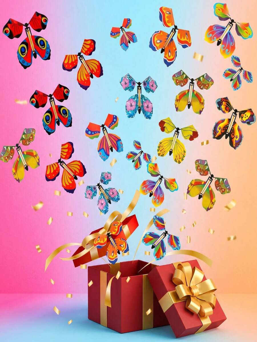 Hot Selling Magic Wind-Up Flying Butterfly, Rubber Band Powered Toy, Creative Bookmark, Greeting Card Surprise Gift, Party Favor, Random Style & Color - Multicolor - View 1