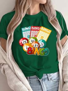 Women's Casual Spring/Summer Top With A Round Neck And Short Sleeves, Featuring A Bingo-Themed Design Including Numbered Balls And The Word "Bingo". Made From Breathable, Machine-Washable Fabric, This T-Shirt Is Suitable For Year-Round Comfort. - 綠色 - 查看 7