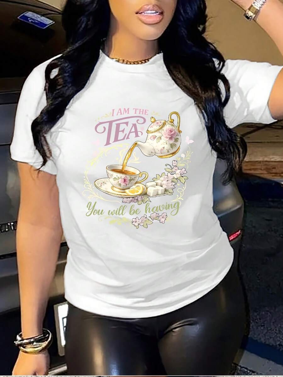 Camiseta de mujer, camiseta ajustada para mujer, camiseta con estampado "Soy el té que quieres beber", top casual de manga corta y cuello redondo, adecuada para usar en primavera y verano, ropa. - Blanco - Ver 1