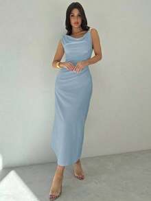 Women's White Asymmetrical Neckline Dress With Ruffles At The Waist, Elegant And Sexy Dress For Work, Vacation, Fashionable And Modern, For Spring/Summer, For Work, Elegant, Sexy, Vacation, Beach, Hawaii, Wedding Season, Graduation Ceremony, Prom - 酒紅色 - 查看 5
